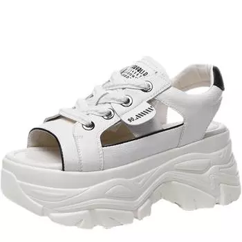 8 см натуральная кожа новые тапочки шнуровка полые цветные сандалии с открытым носком платформа танкетка женские летние шлепанцы обувь 34 жёлтый