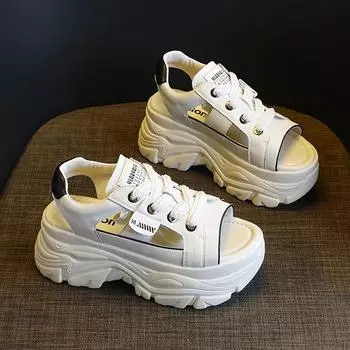 8 см натуральная кожа тапочки шнуровка полые разноцветные сандалии с открытым носком платформа танкетка женские летние белые шлепанцы обувь 34