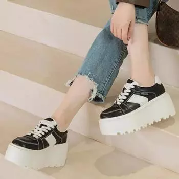 8 см натуральная кожа женская модная женская осенняя обувь повседневная весенняя обувь для скейтбординга массивные кроссовки на платформе танкетке 33