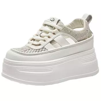 8 см новые массивные кроссовки из синтетической кожи с воздушной сеткой, дышащие женские туфли на танкетке на полой платформе, сандалии на плоской подошве, летние сандалии в этническом стиле 33 бежевый