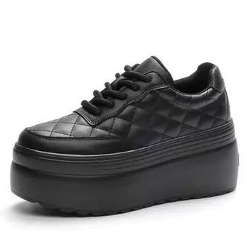 8 см новые натуральная кожа швейные женские туфли на платформе женские вулканизированные туфли со скрытым каблуком весна осень женские толстые кроссовки модные 33 чёрный
