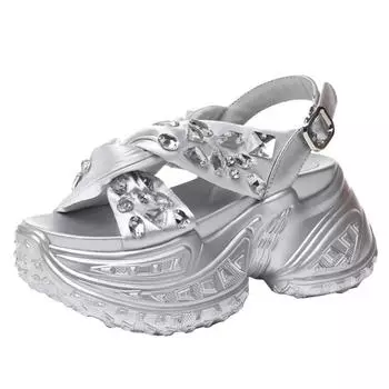 8 см синтетическая ткань микрофибра женские босоножки на танкетке платформы летние блестящие повседневные туфли с открытым носком тапочки со стразами полые 34 чёрный