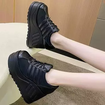 8 см Увеличенная толстая подошва женская обувь осень новая повседневная большого размера 35-42 модная Увеличенная повседневная женская обувь для отдыха на открытом воздухе 35 чёрный