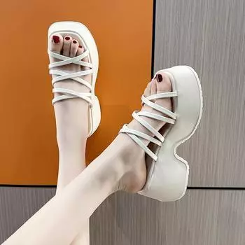 8 см Высокий каблук Толстая подошва Тапочки Женские летние модные туфли Универсальные тапочки для верхней одежды Тонкий ремень Платформа Римские сандалии 35 бежевый