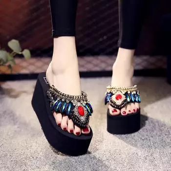 8 см высокие каблуки тапочки женские летние модные шлепанцы на платформе танкетке нескользящие шлепанцы 35