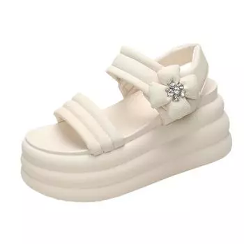 8 см высокие сандалии на платформе женские с цветочным принтом на высоком каблуке кожаные туфли женские летние толстые сандалии пляжные тапочки Zapatos Mujer 34 чёрный