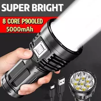 8 светодиодных мощных светодиодных фонарей USB-перезаряжаемая лампа Сверхяркий фонарик COB Lights Дальнобойный фонарь Водонепроницаемый прожектор чёрный