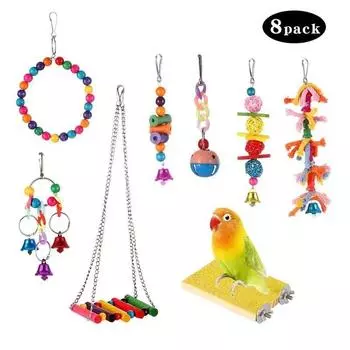 8 упаковок игрушек для жевания в виде качелей для птиц - Игрушки-колокольчики для попугаев, подходящие для маленьких попугаев, корелл, конур, зябликов, волнистых попугайчиков, ара, попугаев, неразлучников