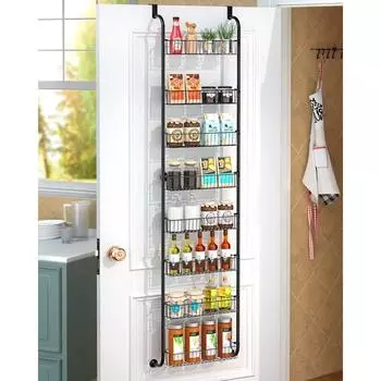 8-уровневый наддверный органайзер для кладовой и стеллаж для хранения с 8 полными корзинами, металлическими подвесками и настенным кухонным хранилищем as the picture чёрный