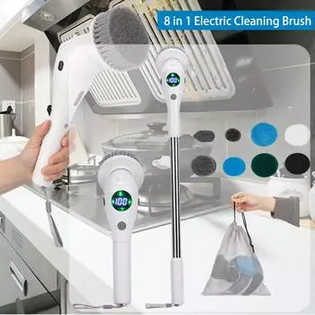 8-в-1 электрическая вращающаяся щетка для чистки ванной комнаты, кухни, туалета, многофункциональная со светодиодным ночником, бытовая швабра, дрель CHINA белый
