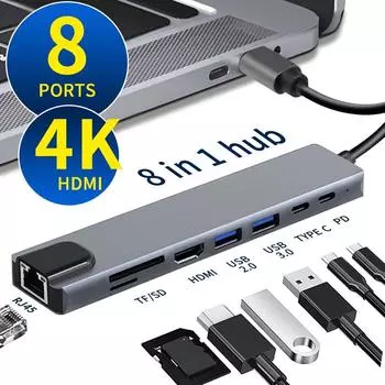 8 в 1 док-станция типа C USB C концентратор типа C на 4K HDMI RJ45 Ethernet адаптер USB 3.0 разветвитель PD 87 Вт быстрая зарядка SD/TF кард-ридер для ноутбука ПК