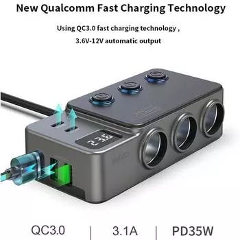 8 в 1 Несколько устройств можно заряжать одновременно с помощью цифрового дисплея Автомобильное зарядное устройство Pd QC 3.0 Три USB-адаптера для автомобильного зарядного устройства чёрный