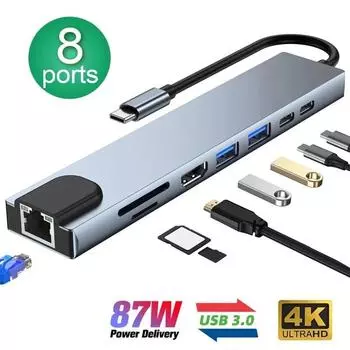 8 в 1 USB C Hub Type C 3,1 до 4K HD адаптер с RJ45 SD/TF Card Reader PD Быстрая зарядка для MacBook Ноутбук Портативный компьютер серый