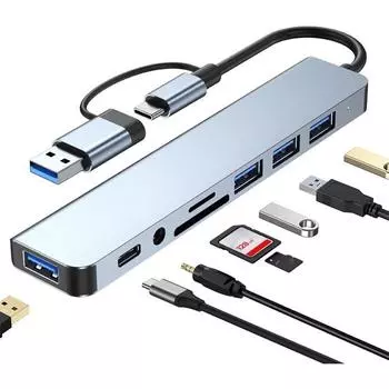 8-в-2 USB A и USB C концентратор док-станция Type-C многопортовый адаптер USB 3.0 быстрая передача данных SD TF серебряный серый
