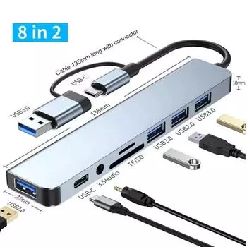 8 в 2 USB-A и USB-C концентратор многопортовый USB C концентратор с 3 USB 2.0 USB 3.0 TF/SD портами для клавиатуры ноутбука серый