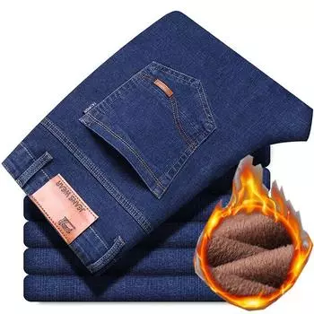 8 видов синих и черных осенних и зимних мужских джинсов с толстым флисом/обычные дополнительные свободные прямые повседневные теплые верхние брюки 28