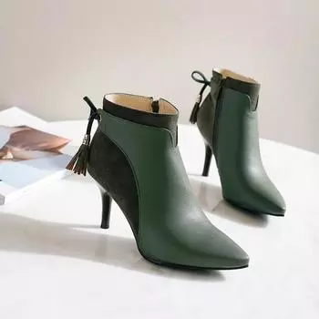 8. Женские короткие сапоги на высоком каблуке, модные маленькие однотонные ботинки с острым носком на тонком каблуке, большие размеры, новые осенне-зимние короткие сапоги 34 зелёный