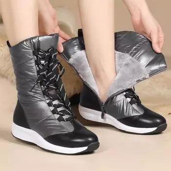 8. Женские теплые зимние ботинки, удобные длинные плюшевые кожаные короткие ботинки, зимние водонепроницаемые и противоскользящие большие хлопковые туфли. 35 чёрный