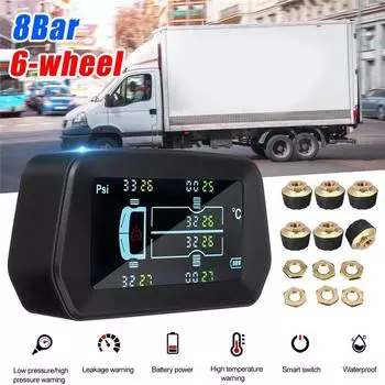 8Bar Автомобильная TPMS Система контроля давления в шинах Солнечная энергия ЖК-дисплей+ 6 внешних датчиков Звуковой сигнал