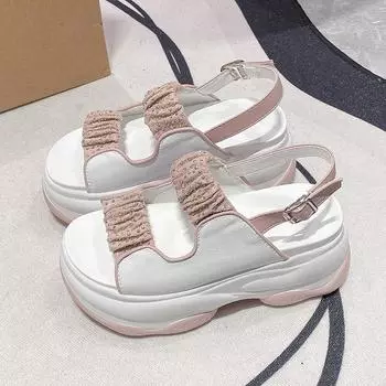 8CM Chunky Sandals Women 2024 Summer Shiny Crystal Outdoor beach Platform Sandals Woman Fashion Pleated Thick Bottom Sandalias 34 розовый