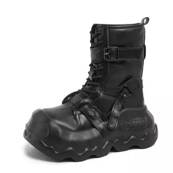 8CM Fashion Women s Leather Punk Style Ankle Boots Autumn Winter Heels Chunky Sneakers High Platform Zip Motorcycle Boots Woman 35