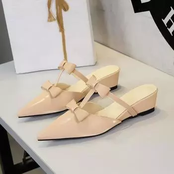 8CM French Wedge Heel Pointed Sandals Versatile Bow Medium High Heels Heightening Slippers Women s Outer Wear 35