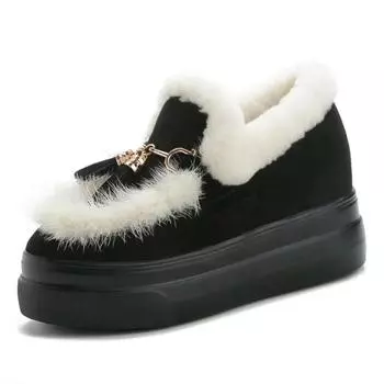 8cm Genuine Leather Women Winter tassels Shoes Platform Sneakers Wedge Heel Warm Fur Long Plush Casual Shoes White Fashion Boots 34 бежевый