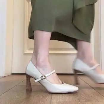 8cm Heels Black Brown Mary Jane Pumps Women Pointed Toe Heels Shoes Chunky Heels Office Pump Eur Size 33-40 35 бежевый