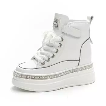 8CM High Top Women Genuine Leather Platform Boots Wedge Hidden Heel Hook Spring Autumn Bling Women Shoes Sneakers Ankle Boots 33 чёрный