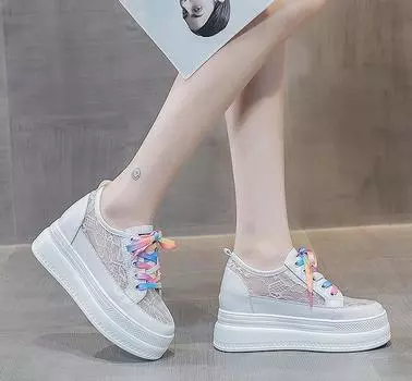 8cm Lace Air Mesh Chunky Sneakers Wedge Platform Breathable Hollow Vulcanized Summer Spring Fashion Cow Genuine Leather Ladies 33