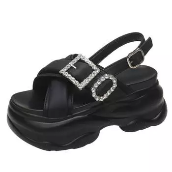8CM Metal Buckle Chunky Sandals Women Summer Shiny Crystal Platform Sandals Woman Fashion Thick Bottom Sandalias Slippers Pumps 34 хаки