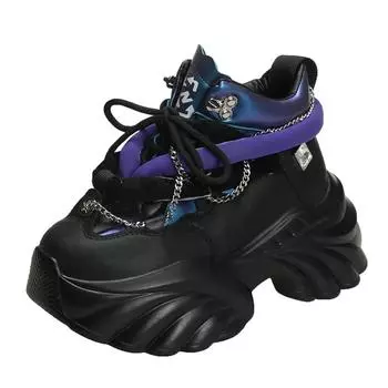 8CM Metal Chain Chunky Sneakers Designer High Platform Casual Shoes Females Autumn Wedge Heels Sport Winter Plush Leather Shoes 35