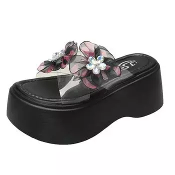 8CM New Women Summer Wedge Sandals Transparent Crystal Chunky Platform Slippers Shoes Woman PVC Flower Thick Bottom Sandalias 34