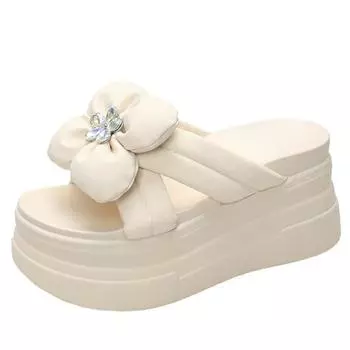 8CM Platform Slippers Sandals Woman Bowknot Thick Sole Slippers Women Chunky Flip Flops Summer Casual Beach Slides Zapatos Mujer 34 бежевый