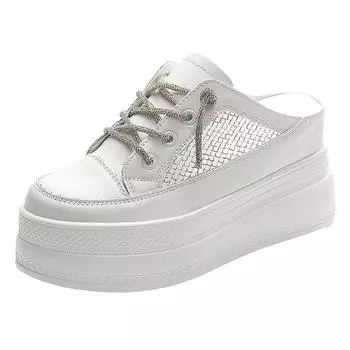 8cm Slides Sneakers Slip on Microfiber Leather Women Summer Shoes Wedge Fashion Air Mesh Glitter Platform Slippers Sandals 33 серебряный