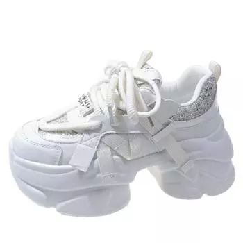 8cm Spring Autumn Chunky Sneakers Women Bling Platform Sports Shoes Woman Goth Thick Bottom High Heels Female Leather Sneakers 34 чёрный