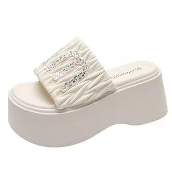 8CM Thick Bottom Bling Slippers Women Summer New 2024 Chunky Platform Sandals Woman Flip Flops Wedges High Heels Sandalias Mujer 34 бежевый