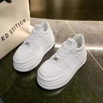 8CM thick-soled heightening shoes women s spring new versatile lace-up leather white shoes casual shoes single shoes 35