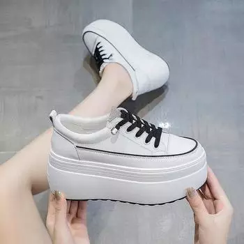 8cm White Genuine Leather Platform Heel Women Flats Shoes Comfortable Casual Creepers Chunky Sneaker Summer Bling Shoes Women 33