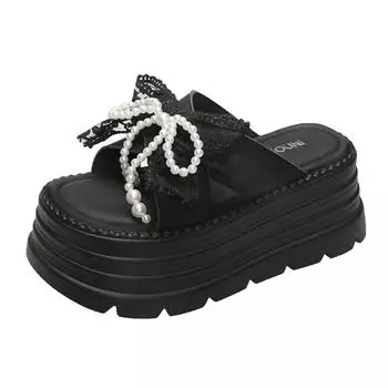 8CM Women s High Heels Slippers Summer Outdoor Butterfly Knot Flower Sandals Comfortable Rubber Bottom Chunky Beach Flip Flops 34