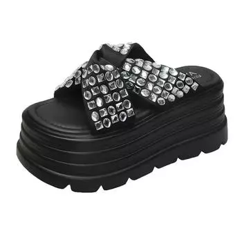 8CM Women s Summer Chunky Slipper High Heel Sandals Flip Flops Thick-Bottom Bling Slippers Wedges Platform Beach Slides Zapatos 34
