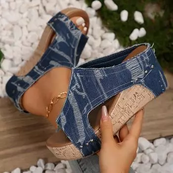 8CM Women s Wedge Slippers Rivet Heel Heel Waterproof Platform Slippers Women All-match Roman Summer Fashion Zapatillas De Mujer 36 синий