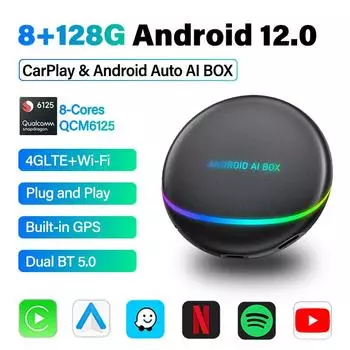 8G+128G Android 12.0 Wireless Carplay AI Box NA версия QCM6125 HDMI Wireless Android Auto BT 5.0 адаптер и GPS для Toyota Kia чёрный