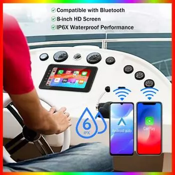 8inch Boat Marine Multimedia Player Wireless CarPlay Android Auto IPX6 Waterproof Bluetooth FM AM AUX For Boat ATV UTV Golf Cart чёрный