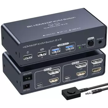 8K 60 Гц HDMI Displayport KVM-переключатель 2PC Переключение двух мониторов 2 экрана Одновременный вывод 2 порта 2 порта и 2 монитора Общий KVM-переключатель 4K