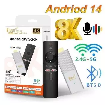 8K Android 14 Top Box TV Stick Allwinner H313 Quad Core BT5.0 Двухдиапазонная WIFI-приставка с интеллектуальным голосовым управлением Пульт дистанционного управления