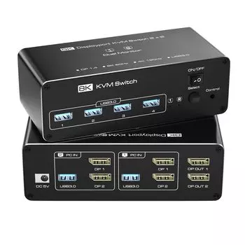 8K Displayport KVM-переключатель 2PC-переключение Совместимость с ПК PS5 PS4 2 одновременных выхода 4K 144 Гц DP 2 входа 2 выхода USB KVM-переключатель USB 2 белый