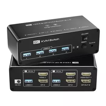 8K HDMI Displayport KVM-переключатель SW622 2PC Switching PC PS5 PS4 совместимый 2 экрана одновременный вывод 4K 144 Гц 2 входа 2 выхода USB KVM-переключатель чёрный