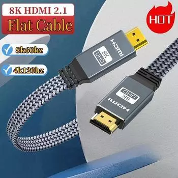 8K HDMI плоский кабель 48 Гбит/с высокоскоростной 8K60 4K120 144 Гц оплетенный HDMI 2.1 3D eARC HDCP 2.2 и 2.3 совместимый с Roku TV/PS5 0.5m