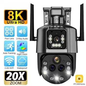 8K Wi-Fi камера безопасности с 20-кратным зумом, наружные четыре объектива, двойной экран, PTZ-камера, автоматическое отслеживание, CCTV IP, уличные камеры наблюдения Wi-Fi